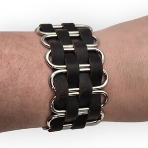 Wide Leather Industrial Bracelet with Metal Rings Snap Closure